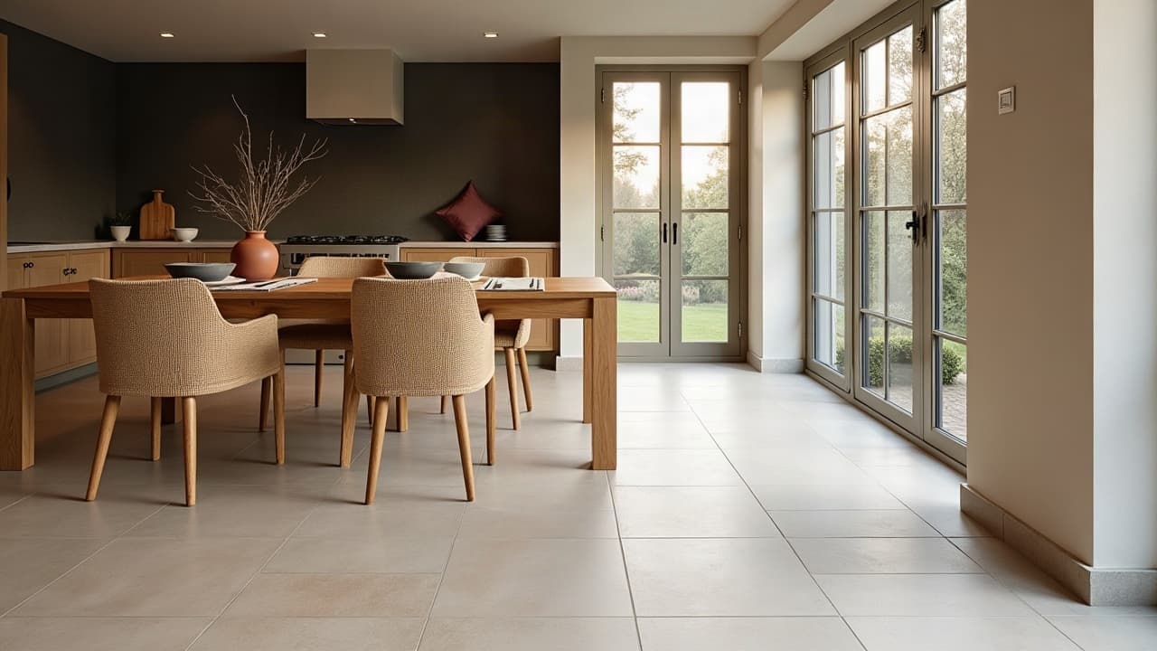 Salle à manger ouverte au sol en grands carreaux clairs, table en chêne et baies vitrées sur le jardin