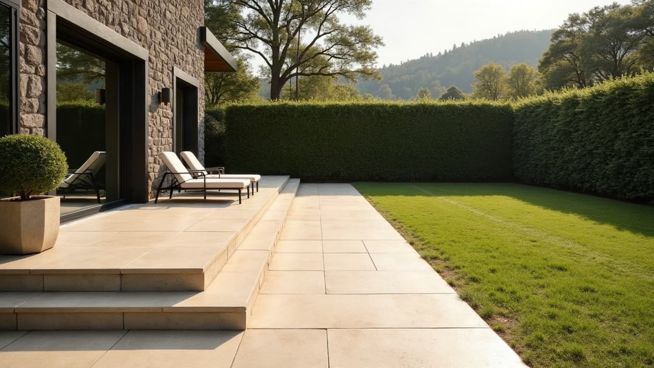 Bord de terrasse carrelée avec marches vers la pelouse, bains de soleil et haie taillée