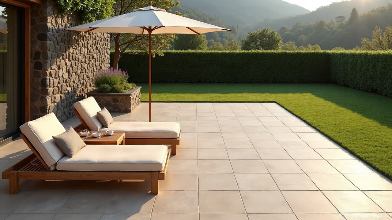 Terrasse en dalles de grès cérame identiques posées en grille droite, bains de soleil sous un parasol, pelouse et maison en pierre