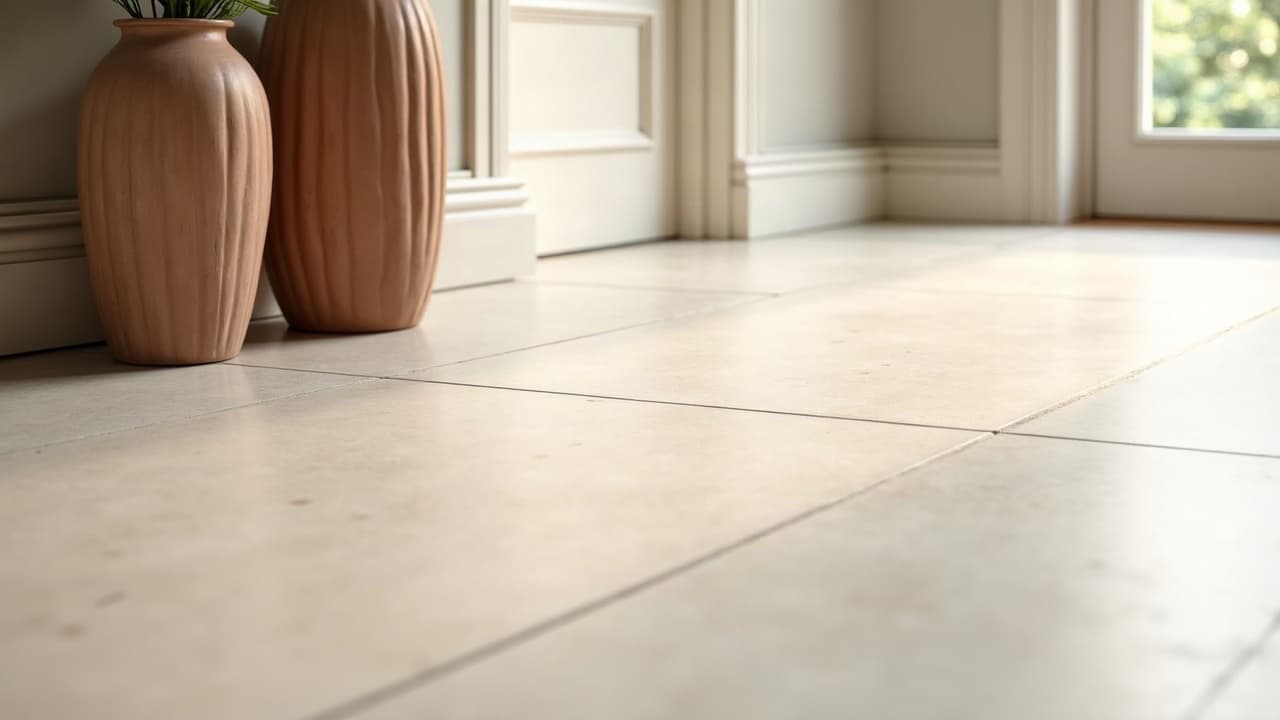 Gros plan au ras du sol de grands carreaux clairs parfaitement plans, joints fins rectilignes, plinthe nette et vases en terre cuite