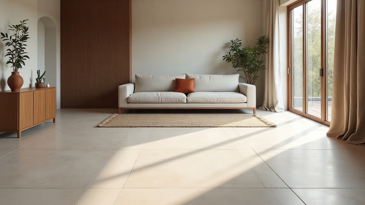Vaste séjour traversant au sol en très grands carreaux clairs parfaitement plans, console en chêne, canapé et lumière rasante