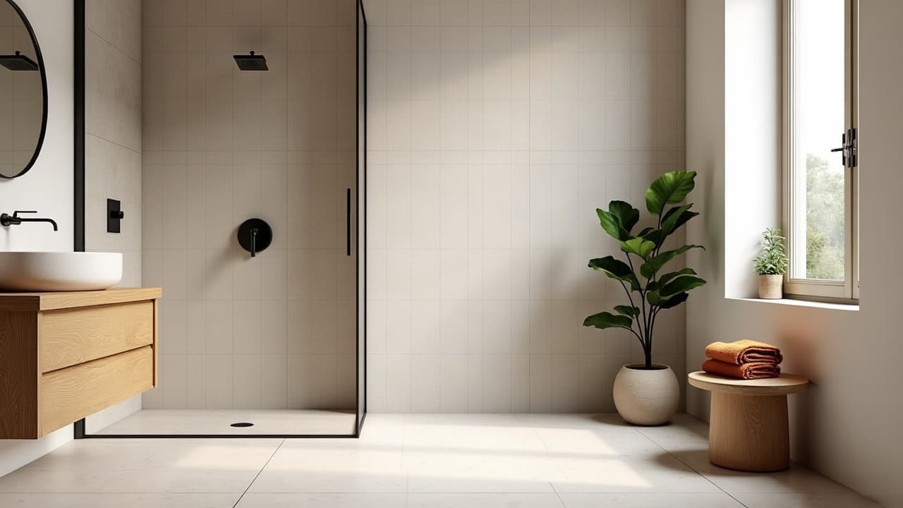 Salle de bain contemporaine, douche à l’italienne, faïence claire, meuble vasque en chêne et robinetterie noire