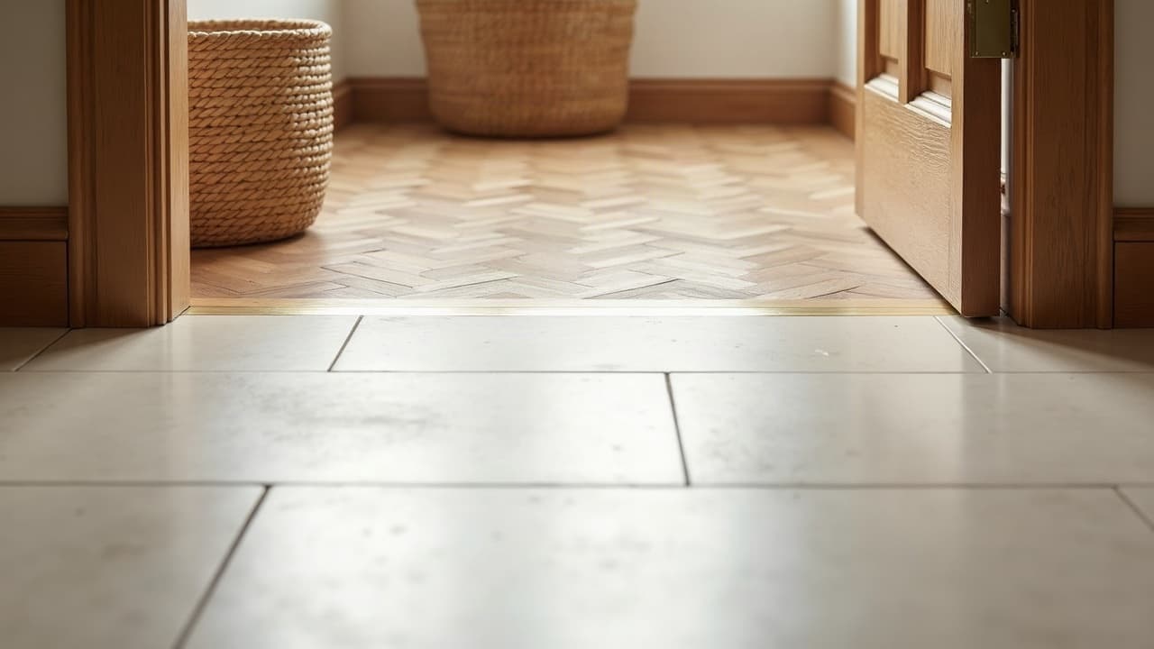 Seuil de porte où le nouveau carrelage rejoint un parquet à chevrons, jonction nette avec un profilé laiton