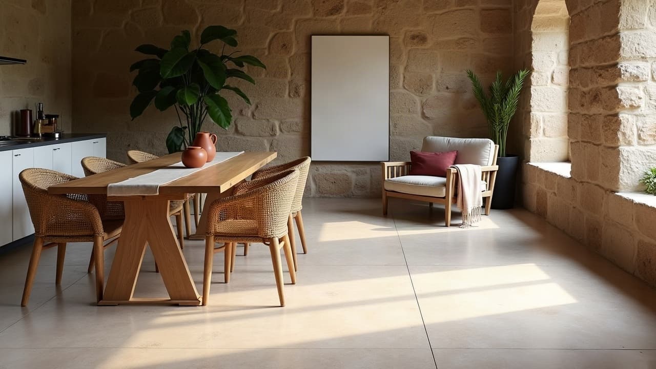 Pièce d’une maison ancienne en pierre rénovée, nouveau sol en grands carreaux clairs, table en chêne et poêle