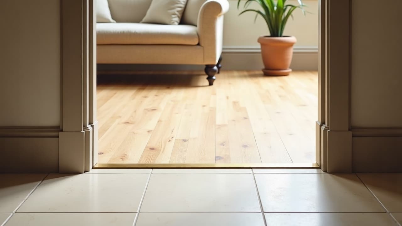 Seuil de porte entre un sol carrelé et un parquet en chêne, séparés par un profilé laiton