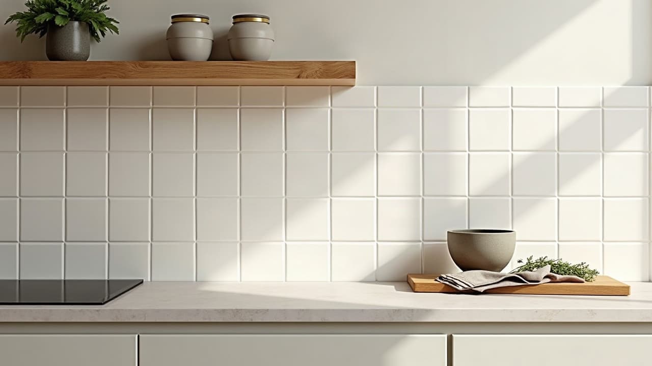 Crédence de cuisine en petits carreaux clairs, plan de travail en pierre et étagère en chêne