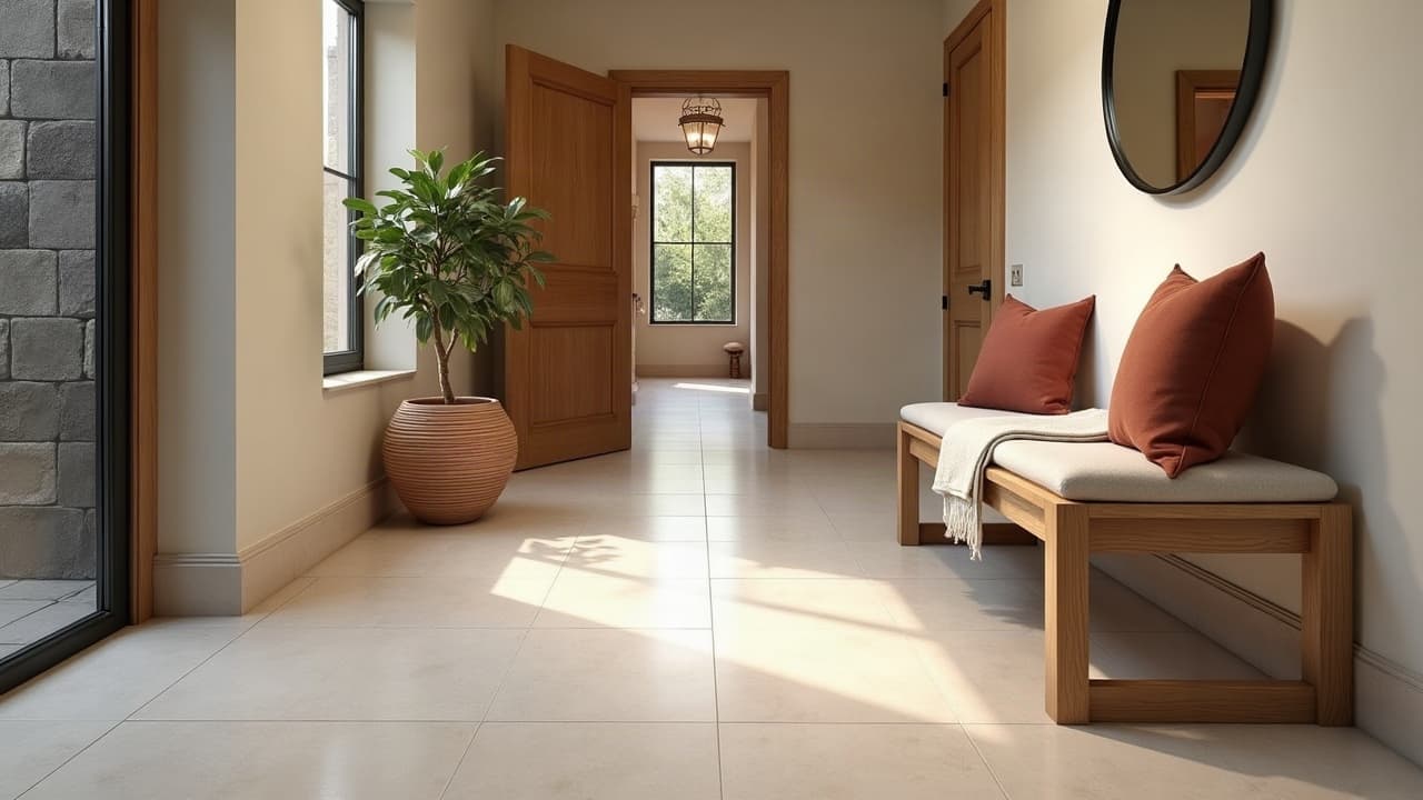 Entrée d’une maison de bourg rénovée, sol en grands carreaux clairs, banc en chêne et porte ancienne