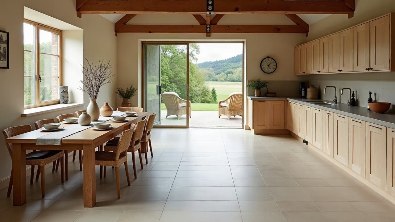 Cuisine ouverte d’une grange rénovée, sol en grands carreaux clairs, longue table en chêne et poutres apparentes