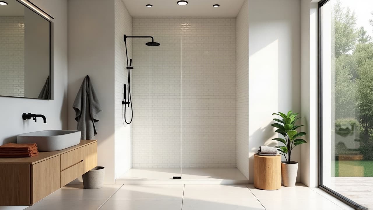 Salle de bain familiale, faïence claire, douche à l’italienne et fenêtre ouverte sur un jardin de montagne