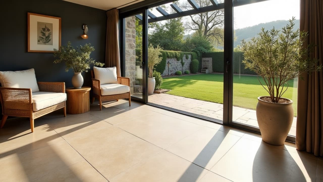 Pièce à vivre vitrée ouvrant de plain-pied sur le jardin, sol en carreaux beiges posés en grille droite